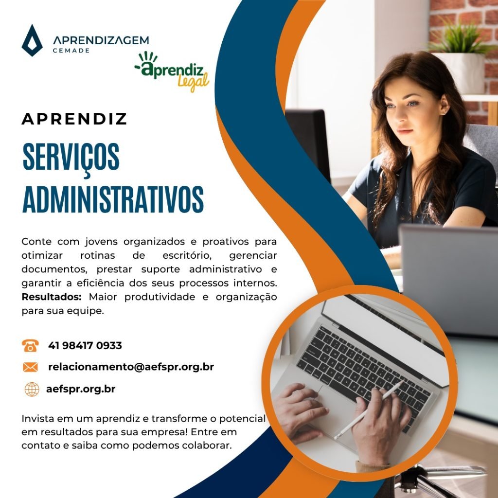 Uma jovem trabalhando em um laptop, representando serviços administrativos para menor aprendiz no estado do Paraná em Curitiba, conforme a Lei da Aprendizagem. O texto anuncia serviços de aprendiz administrativo