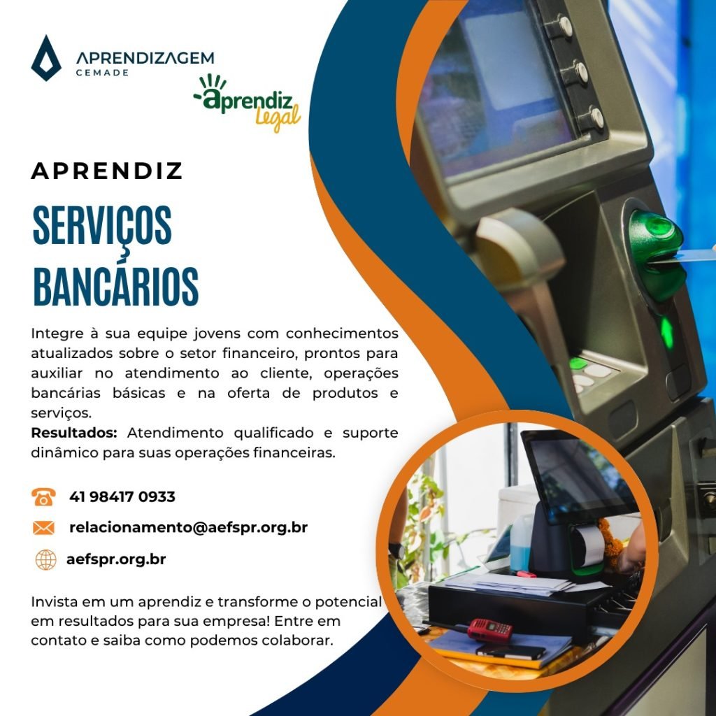 Close-up de mãos interagindo com um caixa eletrônico, simbolizando serviços bancários para menor aprendiz no estado do Paraná em Curitiba, de acordo com a Lei da Aprendizagem. O texto promove serviços de aprendiz bancário