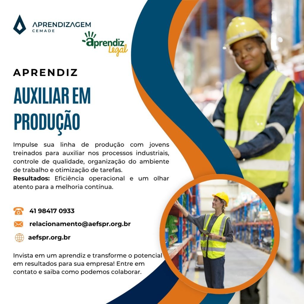 Uma jovem usando capacete e colete de segurança em um armazém, retratando auxiliar em produção para menor aprendiz no estado do Paraná em Curitiba, sob a Lei da Aprendizagem. O texto descreve serviços de aprendiz de auxiliar em produção