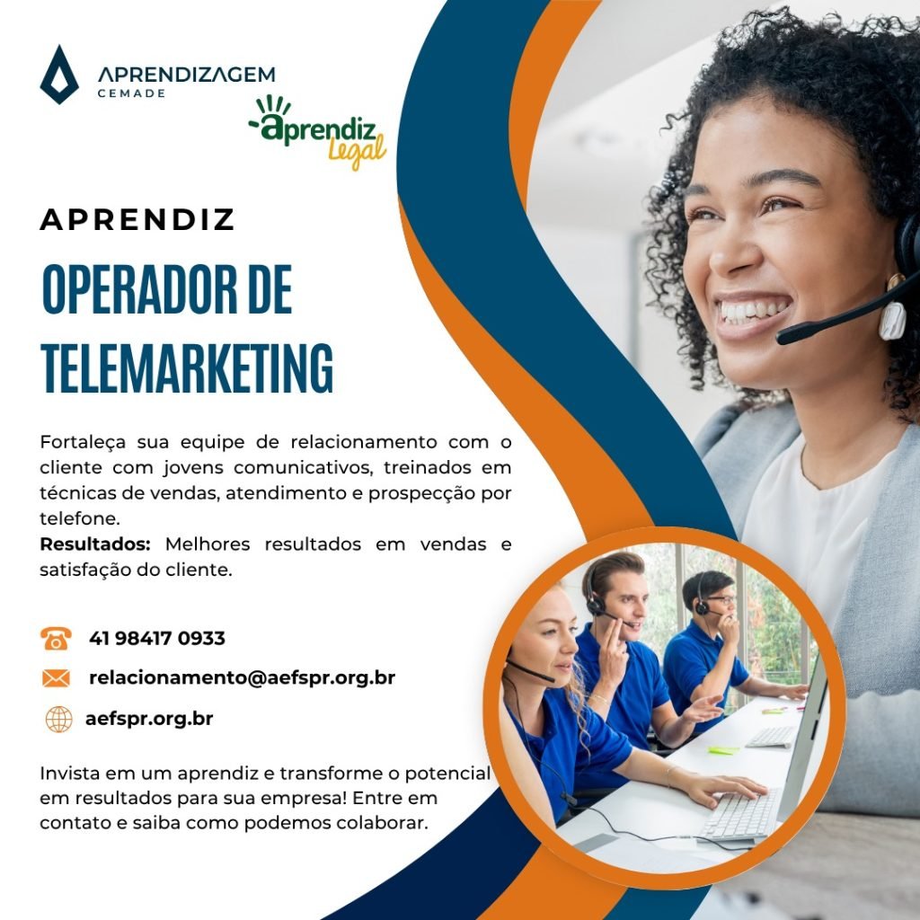 Uma jovem sorrindo com um headset, representando operadores de telemarketing para menor aprendiz no estado do Paraná em Curitiba, seguindo a Lei da Aprendizagem. O texto anuncia serviços de aprendiz de operador de telemarketing