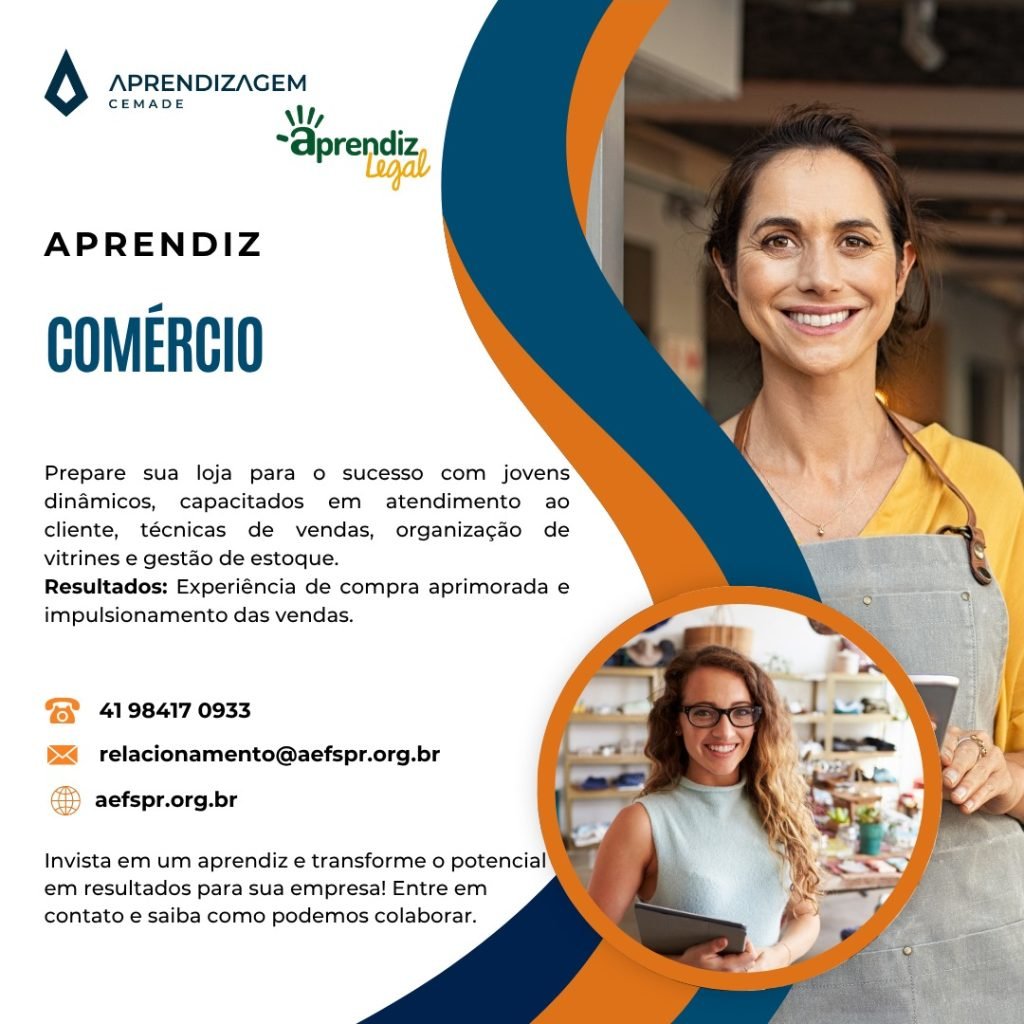 Uma mulher sorrindo em uma loja de varejo, com outra pessoa olhando para um tablet ao fundo, significando comércio para menor aprendiz no estado do Paraná em Curitiba, em linha com a Lei da Aprendizagem. O texto promove serviços de aprendiz em comércio