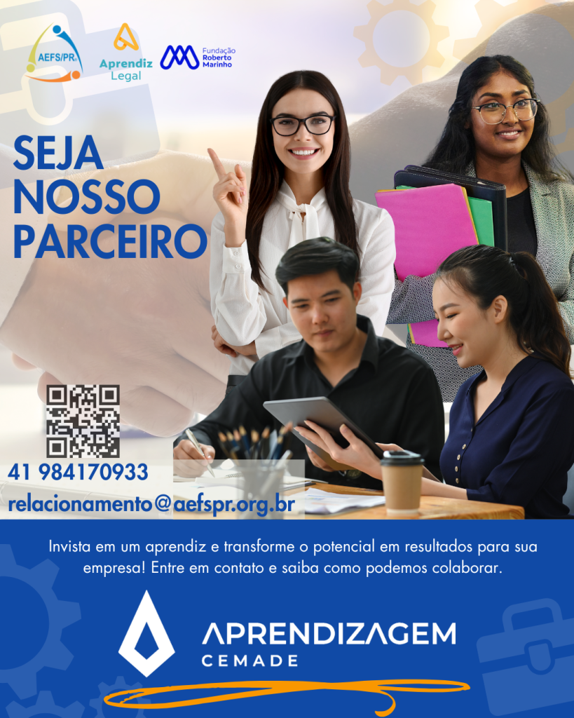 Um grupo de jovens profissionais sorrindo em um ambiente de trabalho, com o texto 'SEJA NOSSO PARCEIRO', convidando empresas a contratarem menor aprendiz no estado do Paraná em Curitiba, conforme a Lei da Aprendizagem. A imagem promove a parceria para a inserção de jovens aprendizes no mercado de trabalho